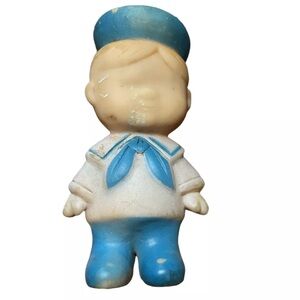 Stahlwood Toy Blue White Rubber Sailor Navy Blonde Boy Squeak Toy Doll 4.25"